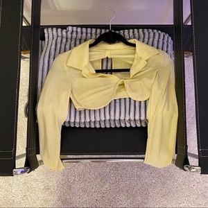 pale yellow bra long sleeve collared crop top